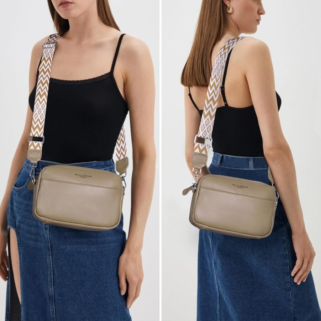 Crossbody Bag for Women Genuine Leather Wide Strap Shoulder Bag Purse Trendy Design Camera Crossbody Purse Top Zip