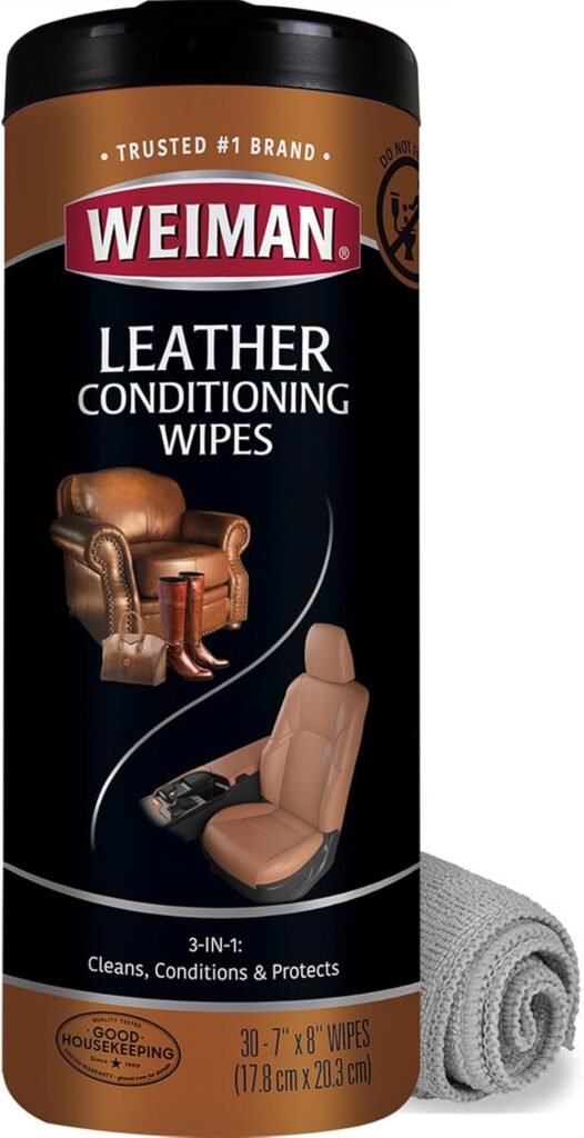 Weiman Leather Cleaner Kit Leather Wipes (30 Count) and Microfiber Cloth - Clean and Condition Car Seats and Interior, Shoes, Couches and Other Leather Surfaces